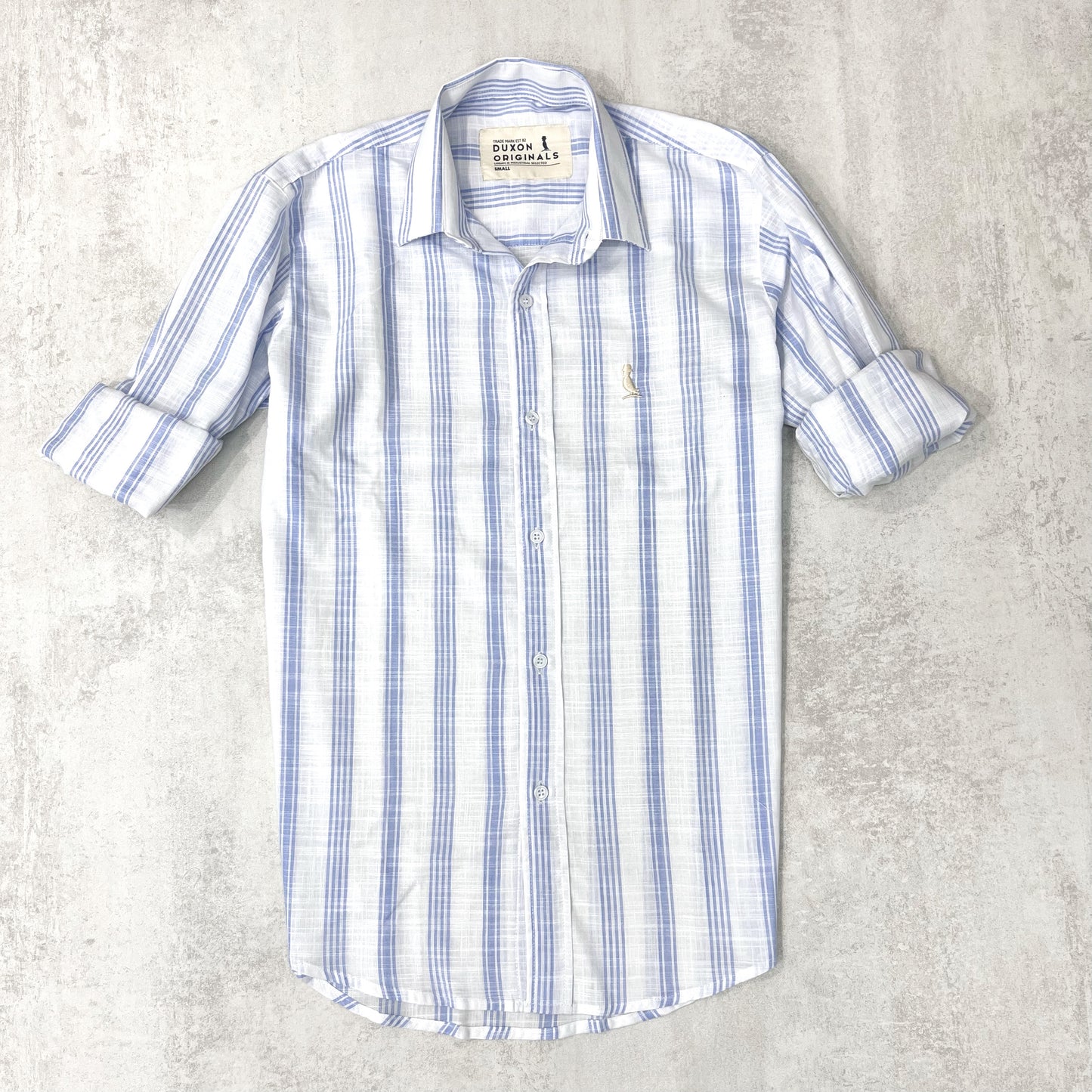 CAMISA DE LINO BLANCA RAYAS CELESTES