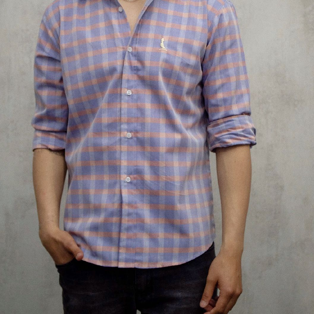CAMISA A CUADROS ALGODÓN CELESTE CON ROSA CLARO