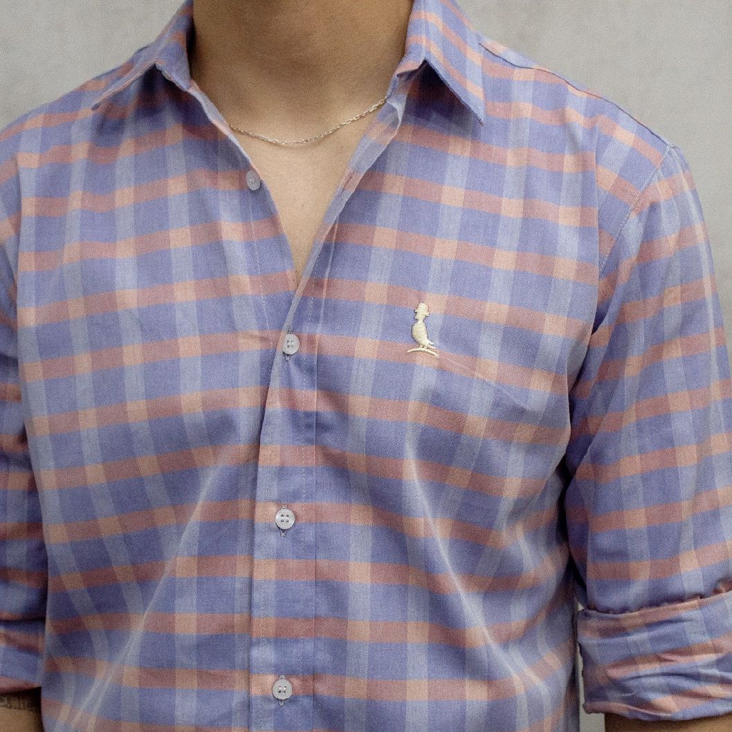 CAMISA A CUADROS ALGODÓN CELESTE CON ROSA CLARO