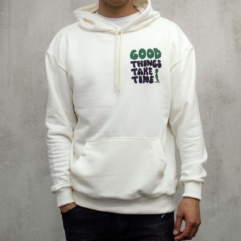 CANGURO SIN FELPA DOBLE ESTAMPA GOOD THINGS TAKE TIMESTHINGS GOOD