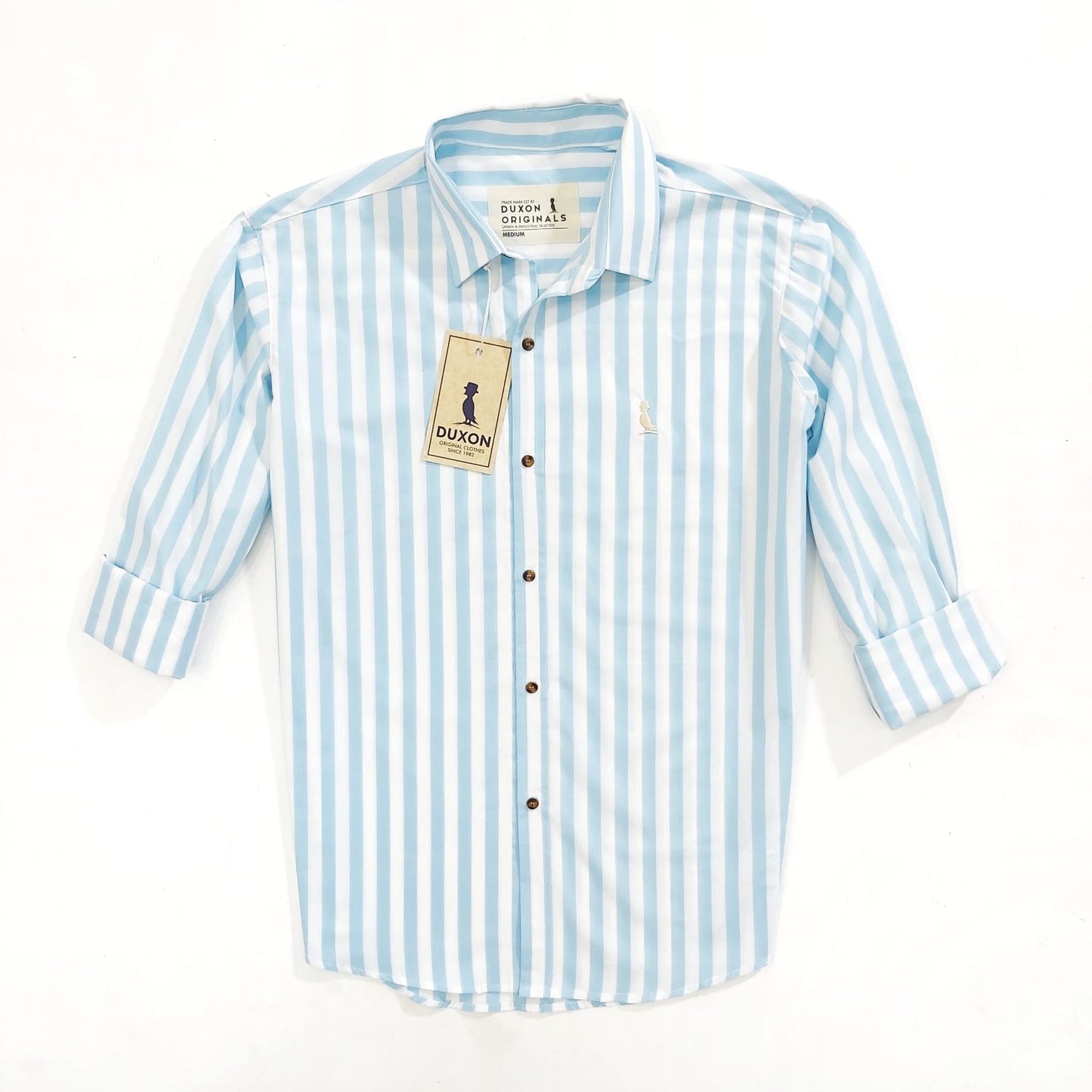 CAMISA RAYAS CUELLO CELESTE
