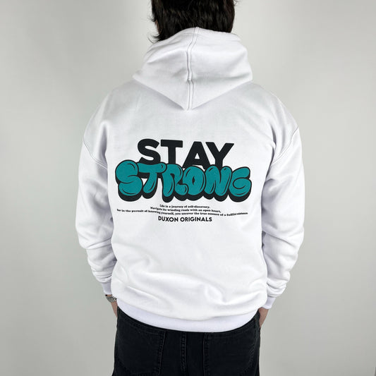 CANGURO DOBLE ESTAMPA “STAY STRONG” EN BLANCO.