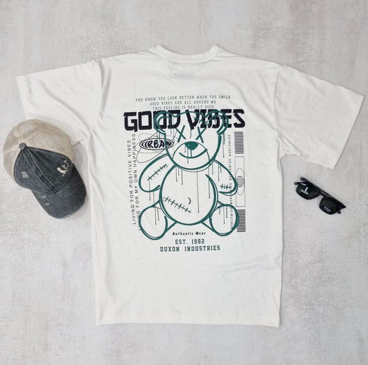 Sale Discontinuados🔥REMERA DOBLE ESTAMPA "GOOD VIBES" OVERSIZE COLOR BLANCO JASPEADO