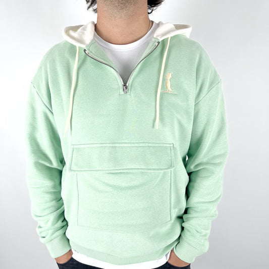 CANGURO HABANA verde agua con gorra y logo en natural