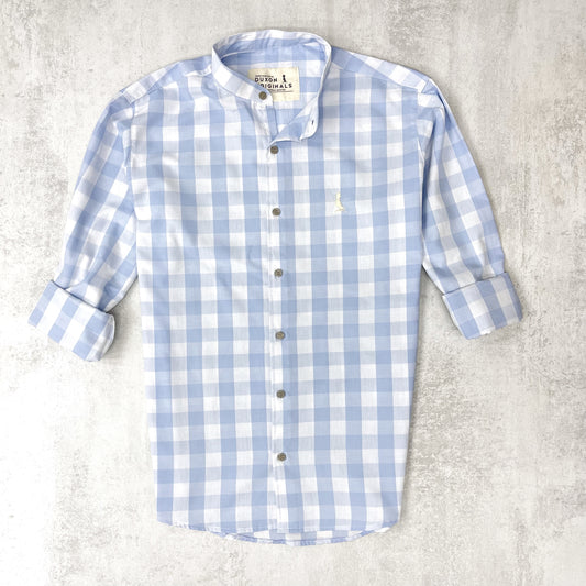 CAMISA MAO A CUADROS CELESTE Y BLANCO