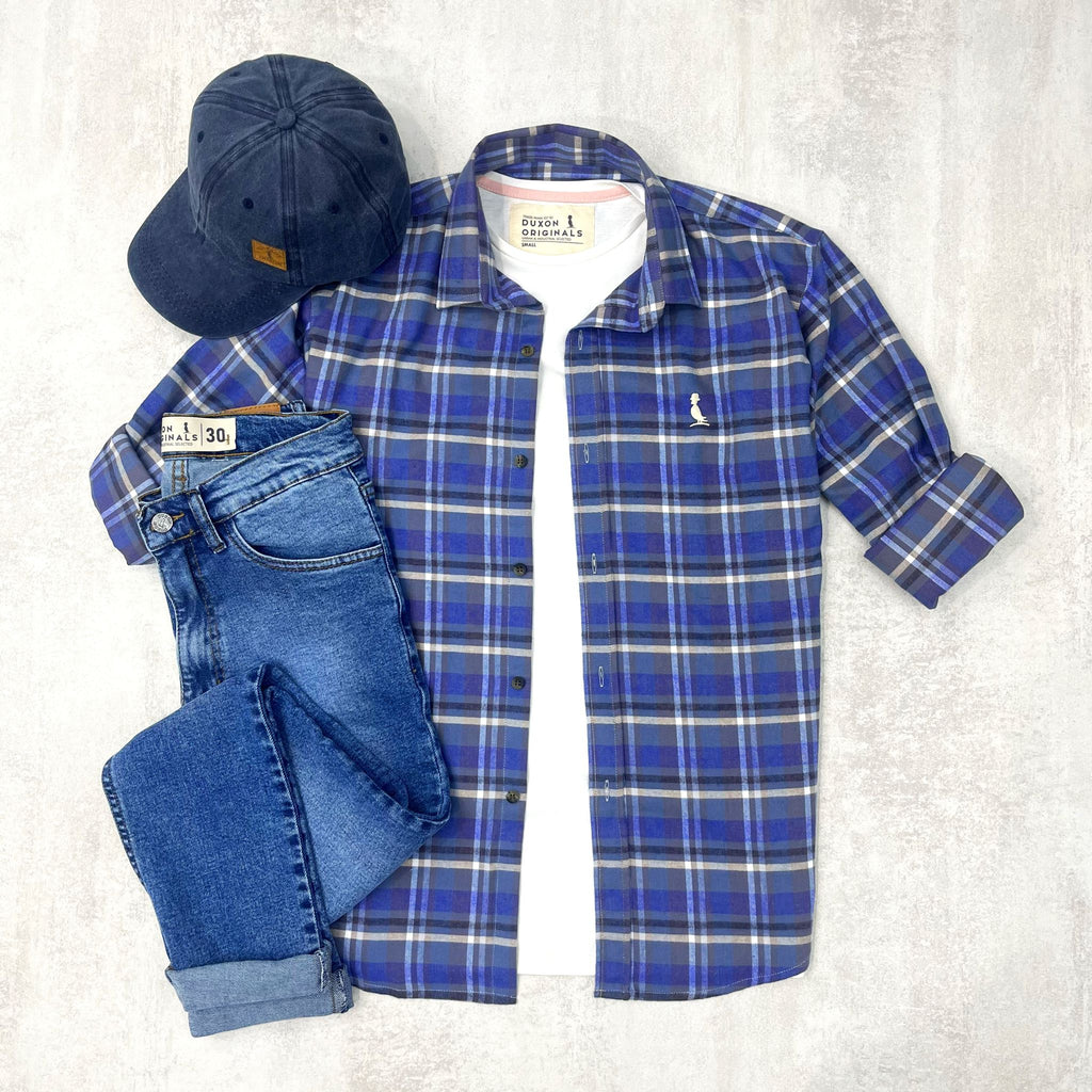 CAMISA LEÑADORA AZUL Y GRIS ALGODÓN PEINADO.