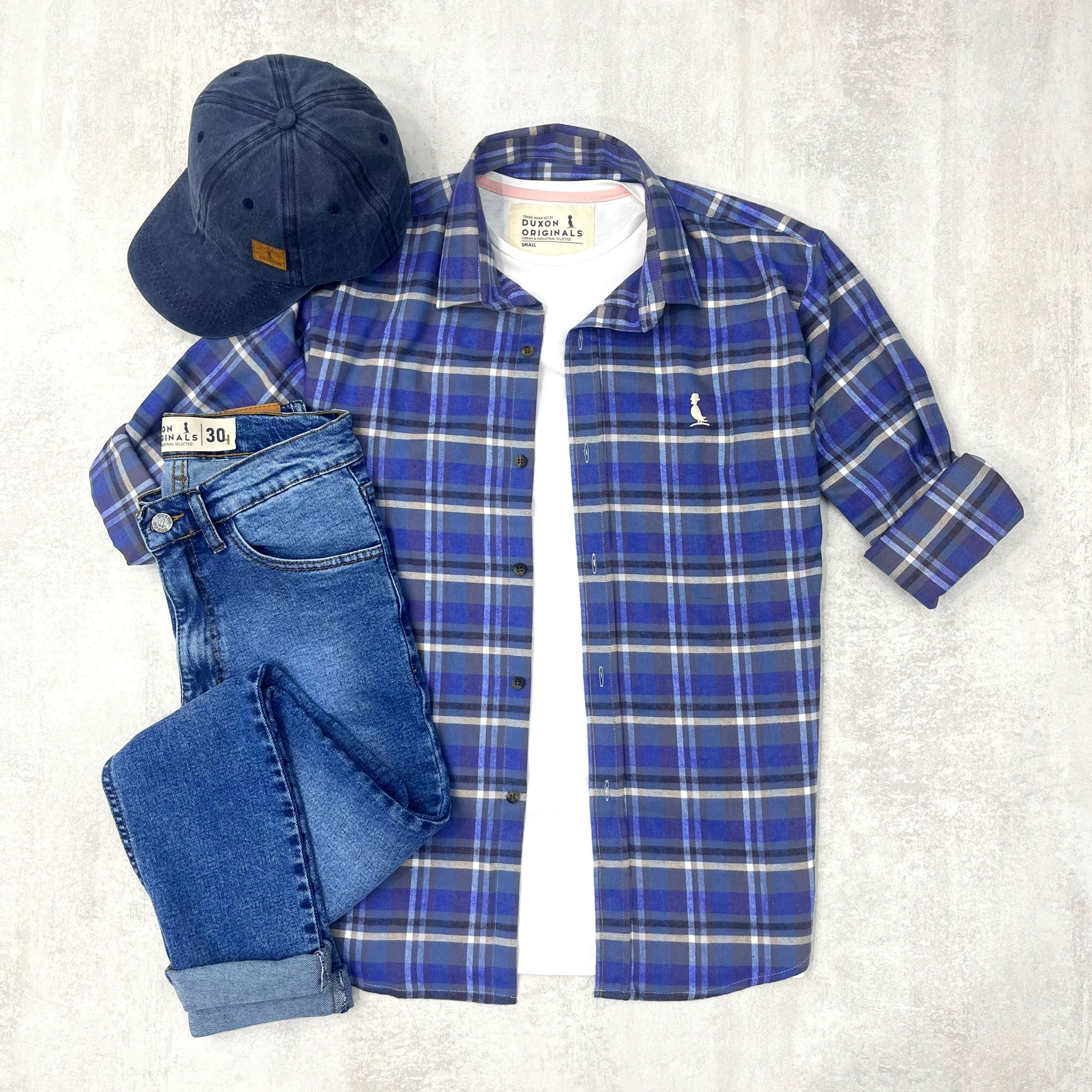 CAMISA LEÑADORA AZUL Y GRIS ALGODÓN PEINADO.