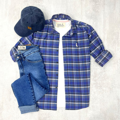 CAMISA LEÑADORA AZUL Y GRIS ALGODÓN PEINADO.