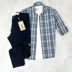 CAMISA LEÑADORA GRIS CON VERDE ALGODÓN PEINADO.