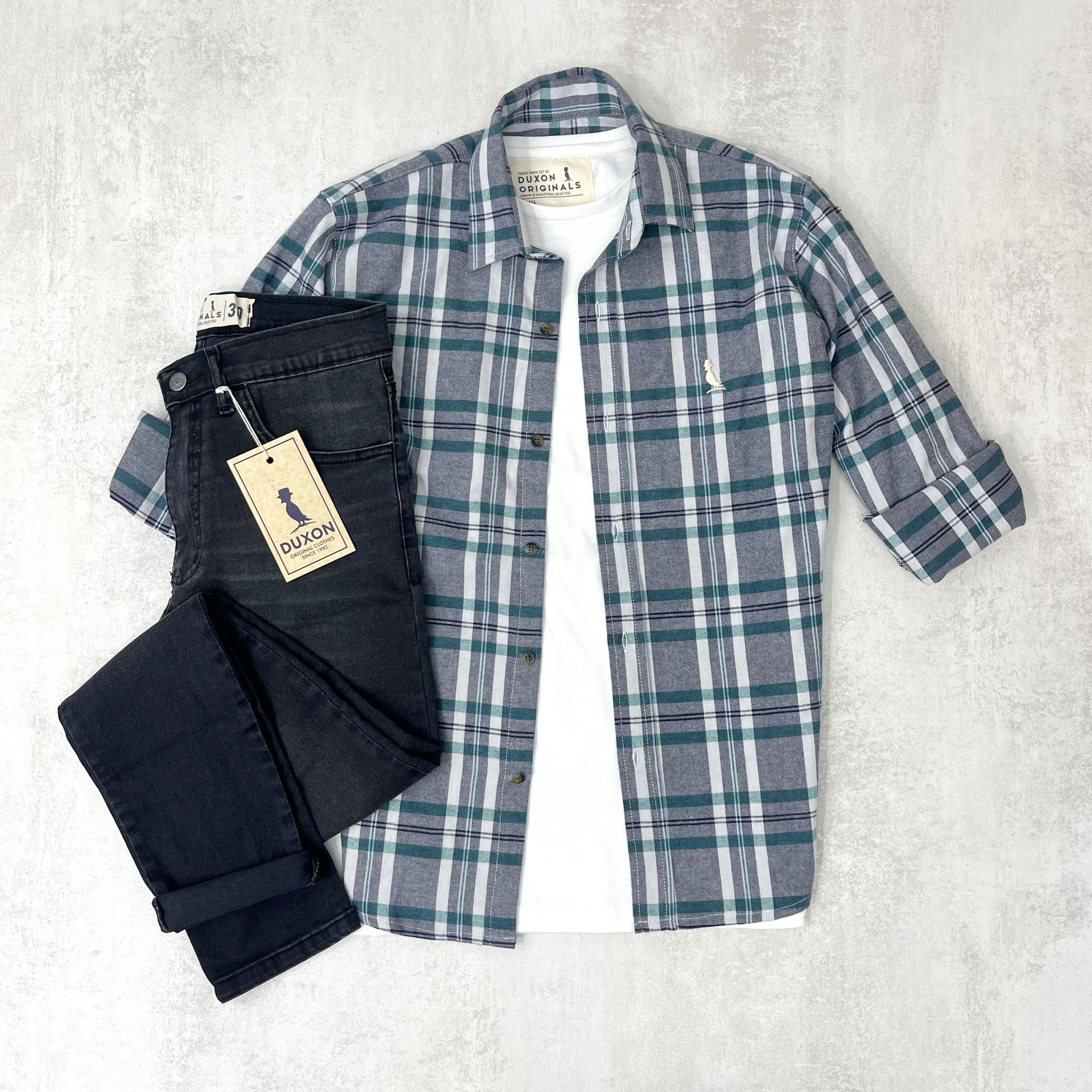 CAMISA LEÑADORA GRIS CON VERDE ALGODÓN PEINADO.