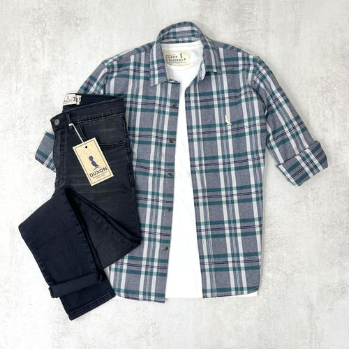 CAMISA LEÑADORA GRIS CON VERDE ALGODÓN PEINADO.