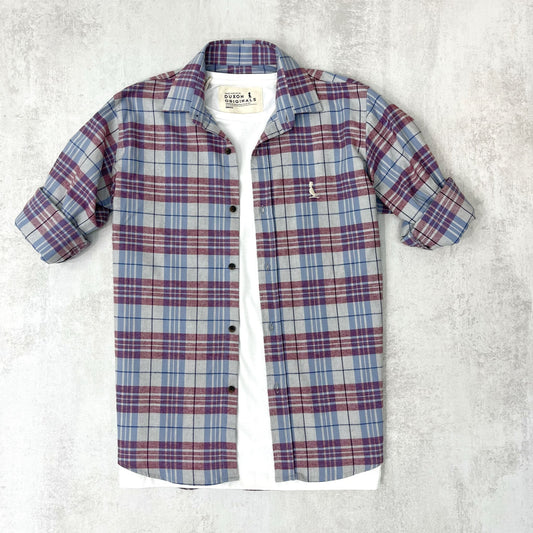 CAMISA LEÑADORA BORDÓ Y GRIS ALGODÓN PEINADO.