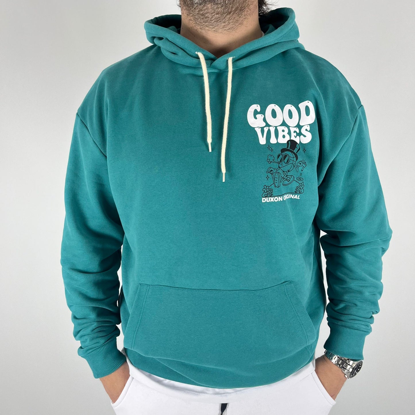 20% OFF 🔥CANGURO OVERSIZE, DOBLE ESTAMPA "GOOD VIBES", VERDE INGLÉS.