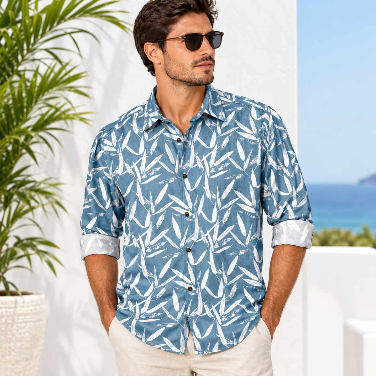 SALE🔥CAMISA ESTAMPADA HOJAS CELESTE