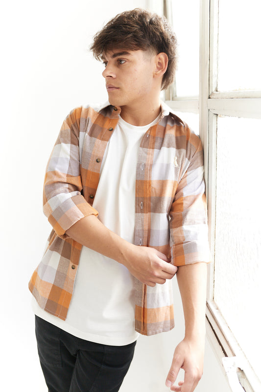CAMISA LEÑADORA TONOS MOSTAZA ALGODÓN PEINADO.
