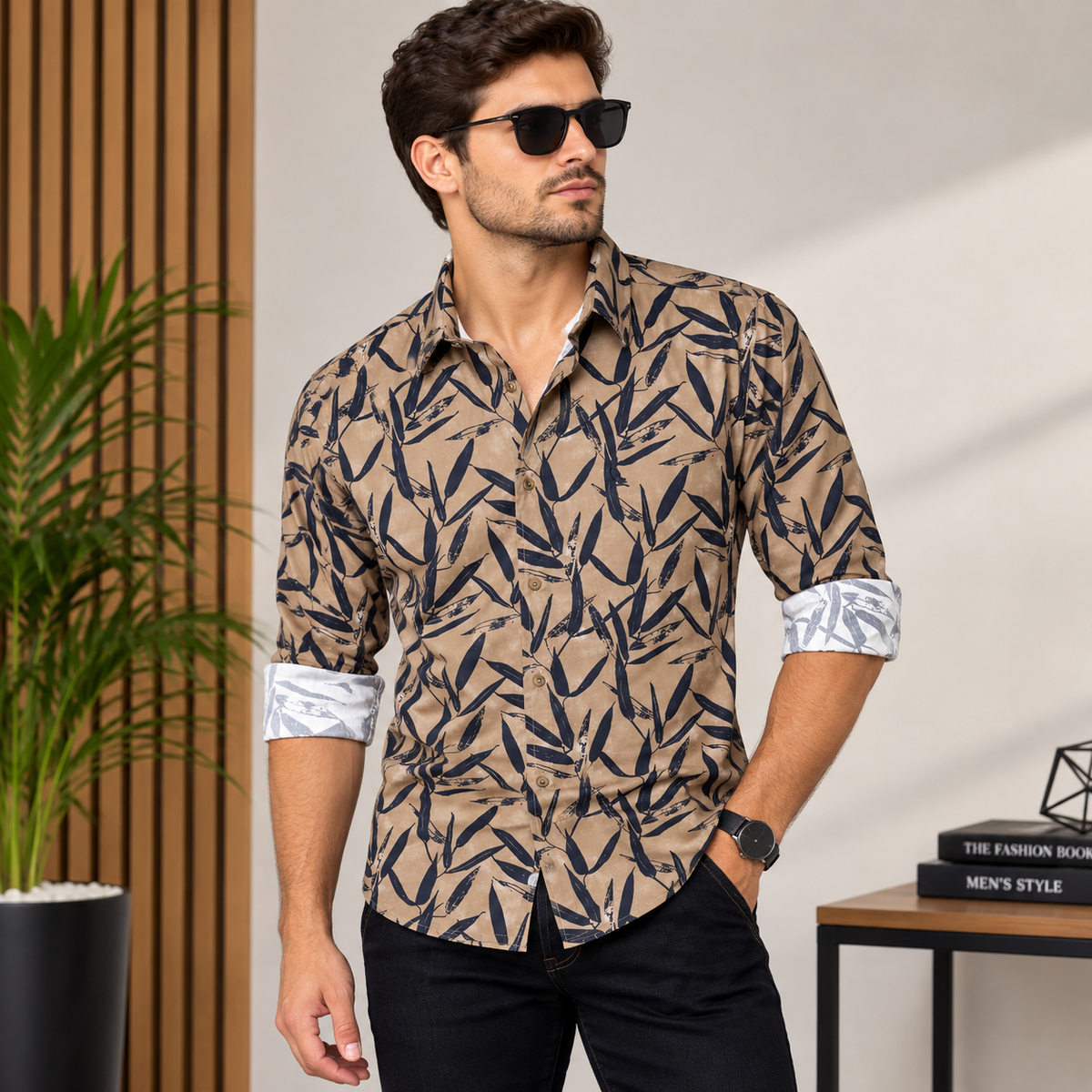 CAMISA ESTAMPADA HOJAS MARRON.